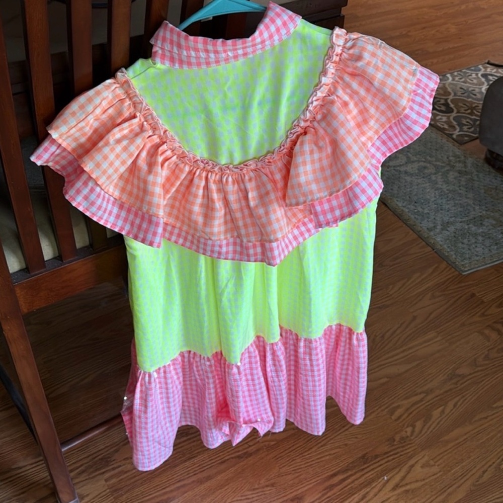 Queen of Sparkles Neon Checkered Gingham Sequin Ruffle Dress Size Small - Picture 2 of 3